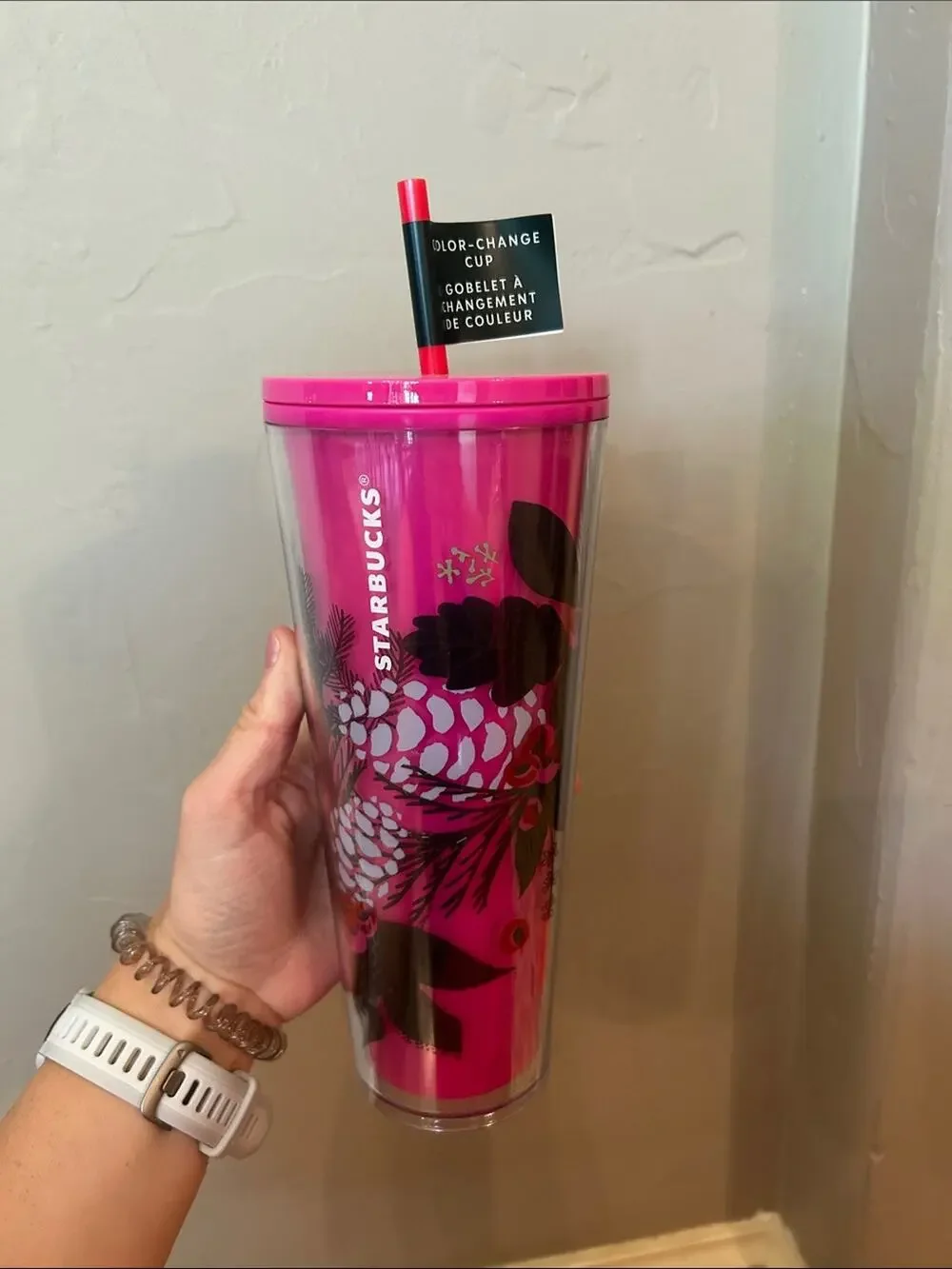 Starbucks Holiday Hot Pink Floral Color-Change Tumbler with Straw